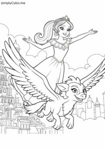 Elena of Avalor and Skylar flying over Avalor coloring page