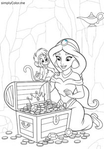 Jasmine and Abu discovering treasures coloring page Jasmine and Abu discovering treasures coloring page