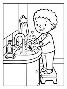 Free hand washing coloring sheet Kid washing hands coloring page