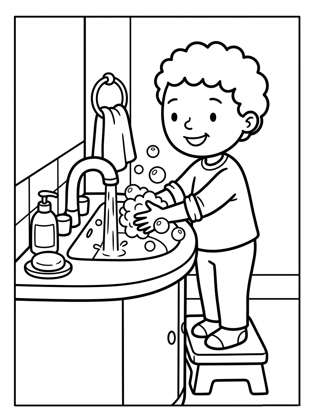 Kid washing hands coloring page
