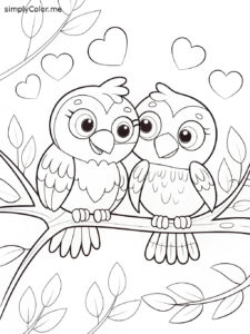 Lovebirds sitting on a branch surrounded by floating hearts bold coloring pages Lovebirds sitting on a branch surrounded by floating hearts bold coloring pages