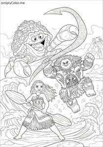 Moana Tamatoa and Maui battling coloring page Moana Tamatoa and Maui battling coloring page