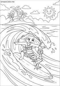 Moana and Heihei catching a wave coloring page