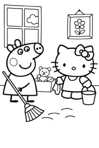 Peppa Pig and Hello Kitty cleaning a room coloring page Peppa pig and Hello Kitty cleaning a room coloring page