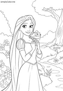 Rapunzel and Pascal in the garden coloring page