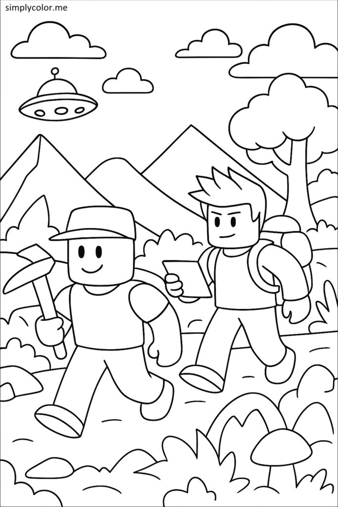 Roblox Noob and Pro exploring worlds coloring page