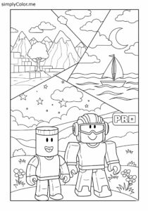 Roblox Noob and Pro exploring worlds coloring page