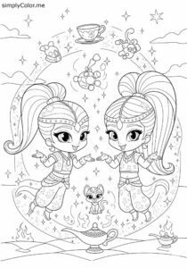 Shimmer and Shine genies granting wishes coloring page