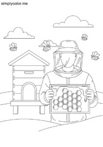 A beekeeper collects honey from a hive printable coloring page for kids