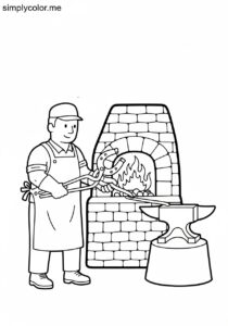 A blacksmith forges a horseshoe printable coloring page for kids