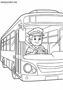 A bus driver drives a city bus printable coloring page for kids