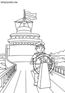 A captain steers a large ship printable coloring page for kids