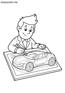 A car designer sketches a new car model printable coloring page for kids