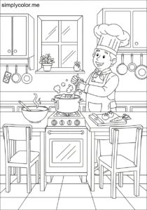 A chef cooks a delicious meal in a kitchen printable coloring page for kids
