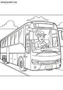 A coach drives a tour bus printable coloring page for kids