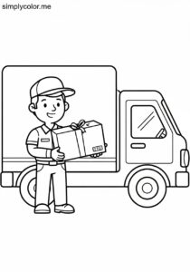 A delivery driver delivers a package printable coloring page for kids