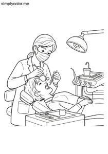 A dentist checks a child’s teeth printable coloring page for kids