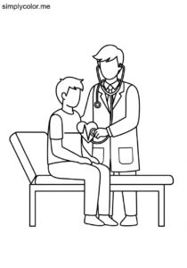 A doctor examines a young patient printable coloring page for kids A doctor examines a young patient printable coloring page for kids