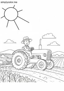 A farmer drives a tractor in a field printable coloring page for kids