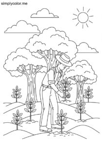 A forester plants new trees in a forest printable coloring page for kids