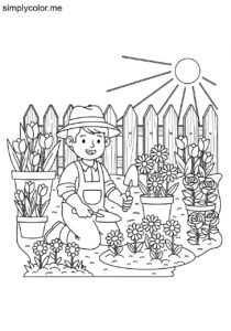 A gardener plants flowers in a garden printable coloring page for kids A gardener plants flowers in a garden printable coloring page for kids