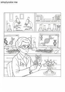 A geneticist studies DNA in a lab printable coloring page for kids