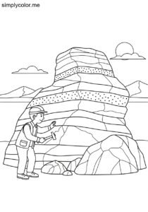 A geologist studies a large rock formation printable coloring page for kids