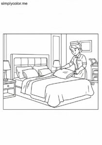 A housekeeper makes a hotel bed printable coloring page for kids