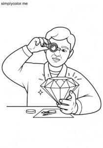 A jeweler examines a diamond printable coloring page for kids