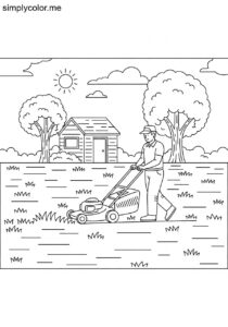 A landscaper mows a large lawn printable coloring page for kids