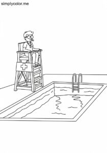 A lifeguard watches over a swimming pool printable coloring page for kids