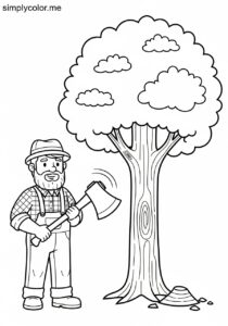 A lumberjack cuts down a tree printable coloring page for kids