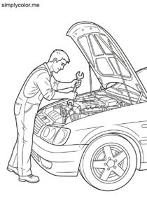 A mechanic repairs a car engine printable coloring page for kids