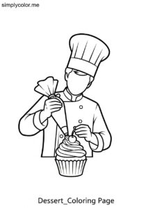 A pastry chef decorates cupcakes printable coloring page for kids