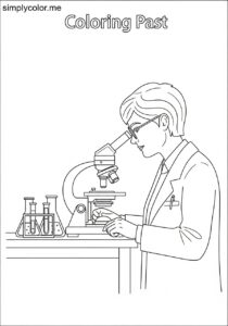 A pathologist looks at a slide under a microscope printable coloring page for kids