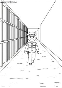 A prison guard walks through a prison corridor printable coloring page for kids