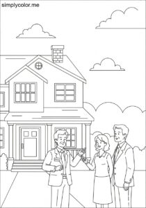 A real estate agent shows a house to a family printable coloring page for kids A real estate agent shows a house to a family printable coloring page for kids