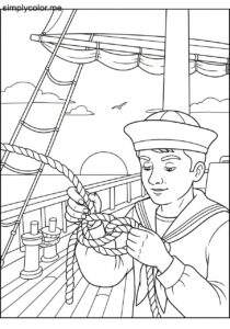 A sailor ties a knot on a ship printable coloring page for kids