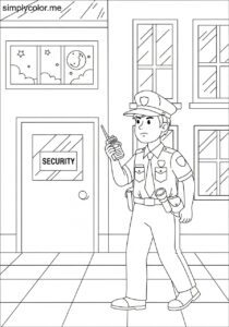 A security guard patrols a building printable coloring page for kids
