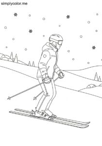 A ski instructor teaches on a snowy slope printable coloring page for kids