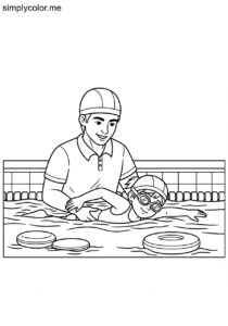 A swimming instructor teaches a child to swim printable coloring page for kids