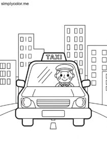 A taxi driver drives a cab in a city printable coloring page for kids