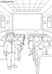 A usher shows people to their seats in a theater printable coloring page for kids