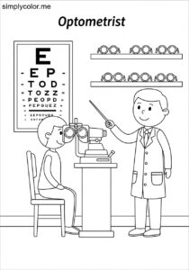 An optometrist performs an eye exam printable coloring page for kids