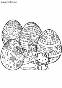 Anna and Hello Kitty painting giant Easter eggs with bright and crazy patterns coloring page