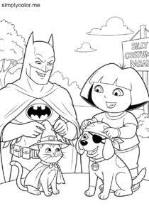 Batman and Dora the Explorer dressing up their pets for a silly costume parade coloring page Batman and Dora the Explorer dressing up their pets for a silly costume parade coloring page