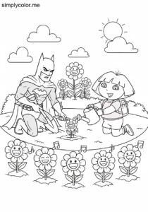 Batman and Dora the Explorer planting a giant garden with flowers that sing funny songs coloring page Batman and Dora the Explorer planting a giant garden with flowers that sing funny songs coloring page