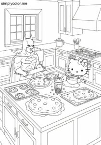 Batman and Hello Kitty baking giant cookies with magical glowing sprinkles in a bright kitchen coloring page