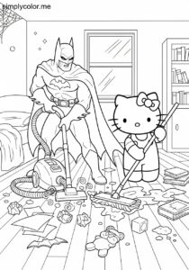 Batman and Hello Kitty cleaning their messy room with vacuum and mop coloring page Batman and Hello Kitty cleaning their messy room with vacuum and mop coloring page