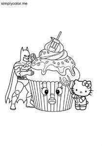 Batman and Hello Kitty making giant cupcakes with funny faces for a silly birthday party coloring page Batman and Hello Kitty making giant cupcakes with funny faces for a silly birthday party coloring page